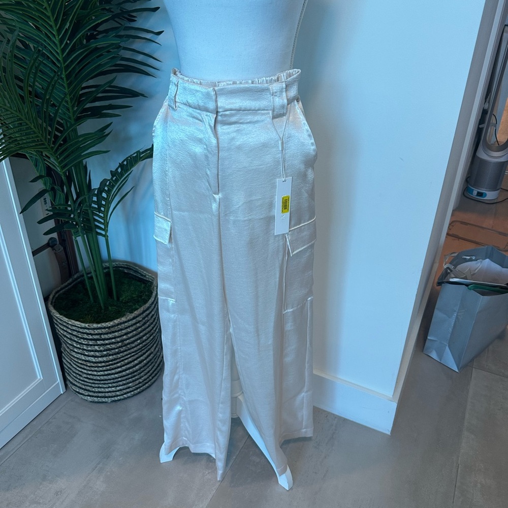 Elegant Cream Satin Wide-Leg Pants
